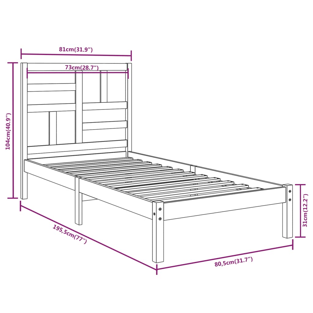 Cadre de lit bois massif 75x190 cm petit simple Lits & cadres de lit vidaXL   