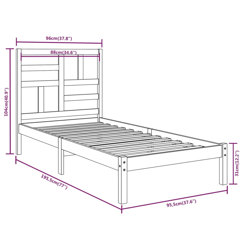 Cadre de lit bois massif 90x190 cm simple Lits & cadres de lit vidaXL   