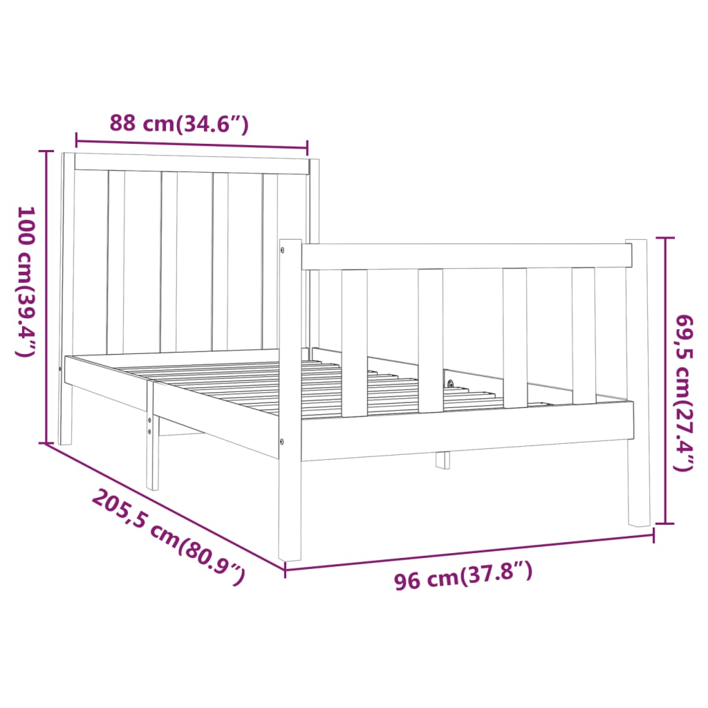 Cadre de lit Bois de pin massif 90x200 cm Lits & cadres de lit vidaXL   