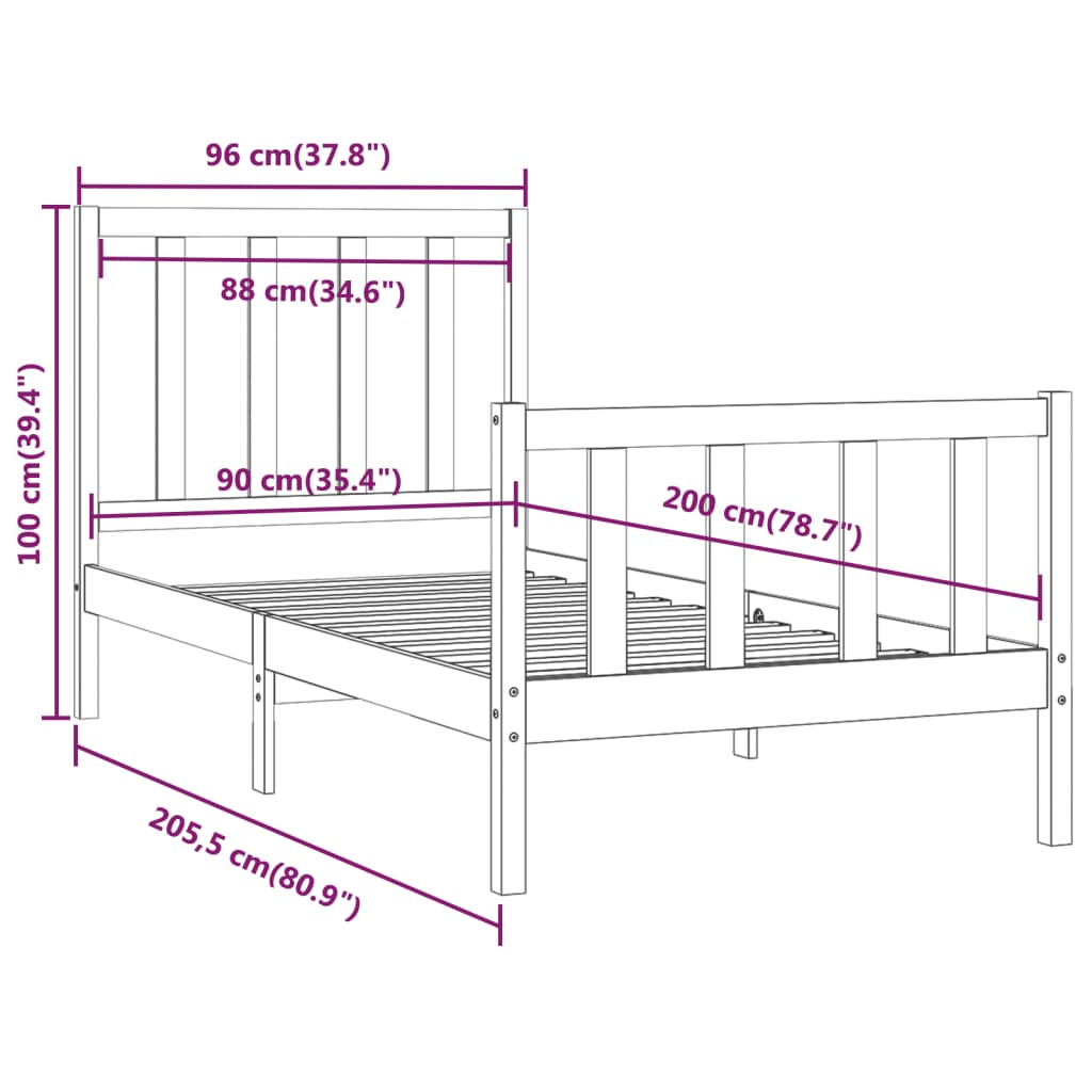 Cadre de lit Bois solide 90x200 cm Lits & cadres de lit vidaXL   