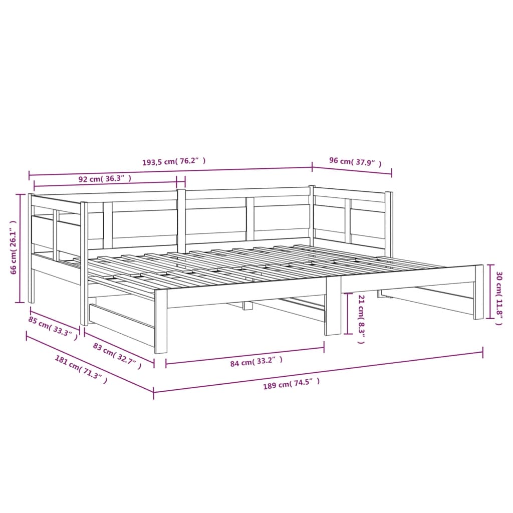 Lit coulissant Noir Bois de pin solide 2x(90x190) cm Lits & cadres de lit vidaXL   