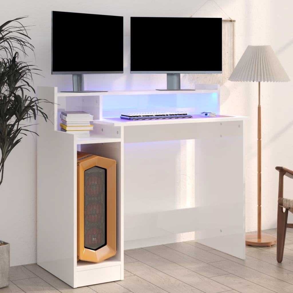 Bureau lumières LED Blanc brillant 97x45x90cm Bois d'ingénierie Bureaux vidaXL   