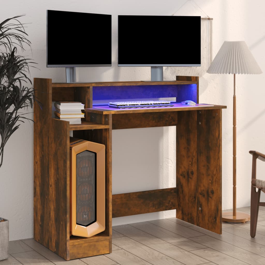 Bureau et lumières LED Chêne fumé 97x45x90 cm Bois d'ingénierie Bureaux vidaXL   