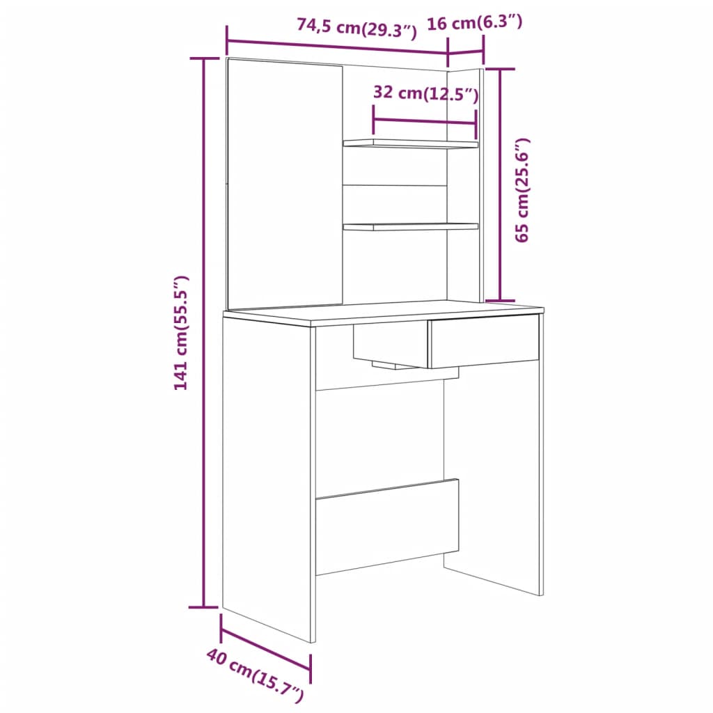 Coiffeuse avec miroir Chêne fumé 74,5x40x141 cm Tables vidaXL