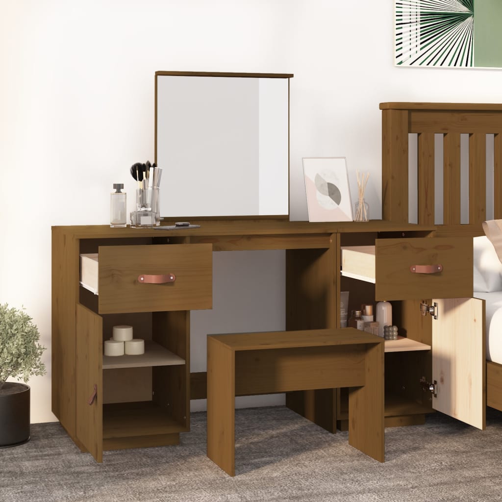 Ensemble de coiffeuse et miroir Marron miel Bois de pin solide Coiffeuses vidaXL   