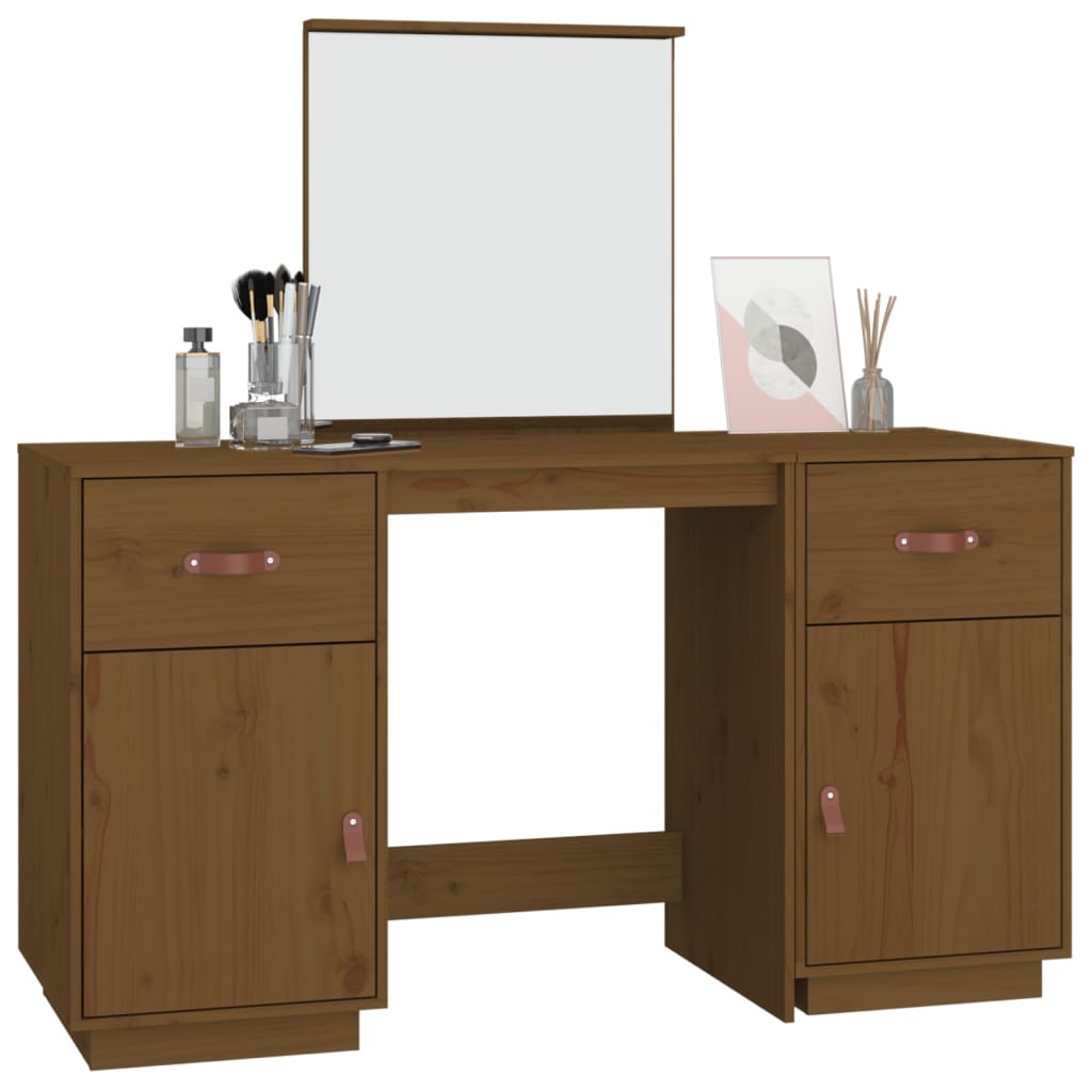 Ensemble de coiffeuse et miroir Marron miel Bois de pin solide Coiffeuses vidaXL   