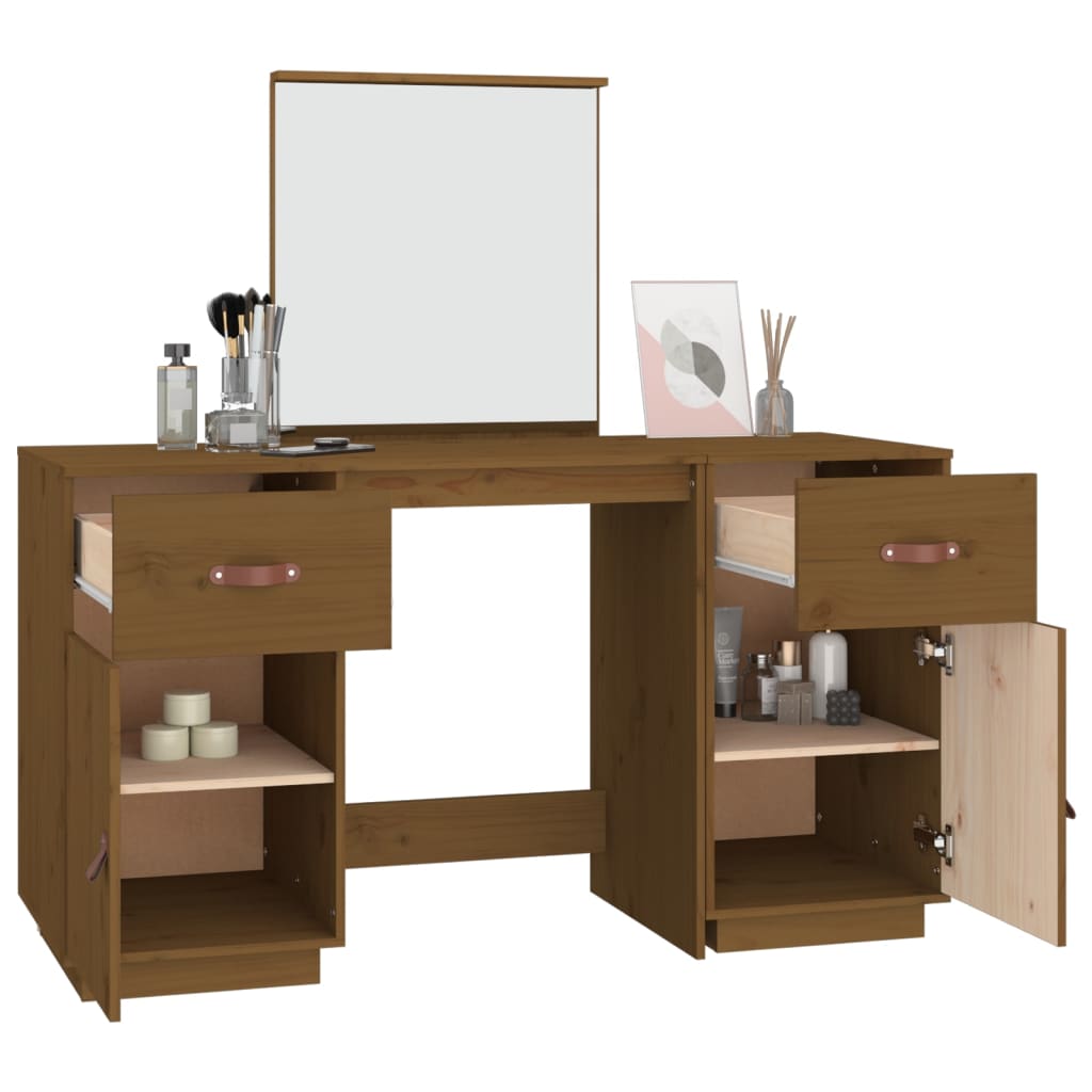 Ensemble de coiffeuse et miroir Marron miel Bois de pin solide Coiffeuses vidaXL   