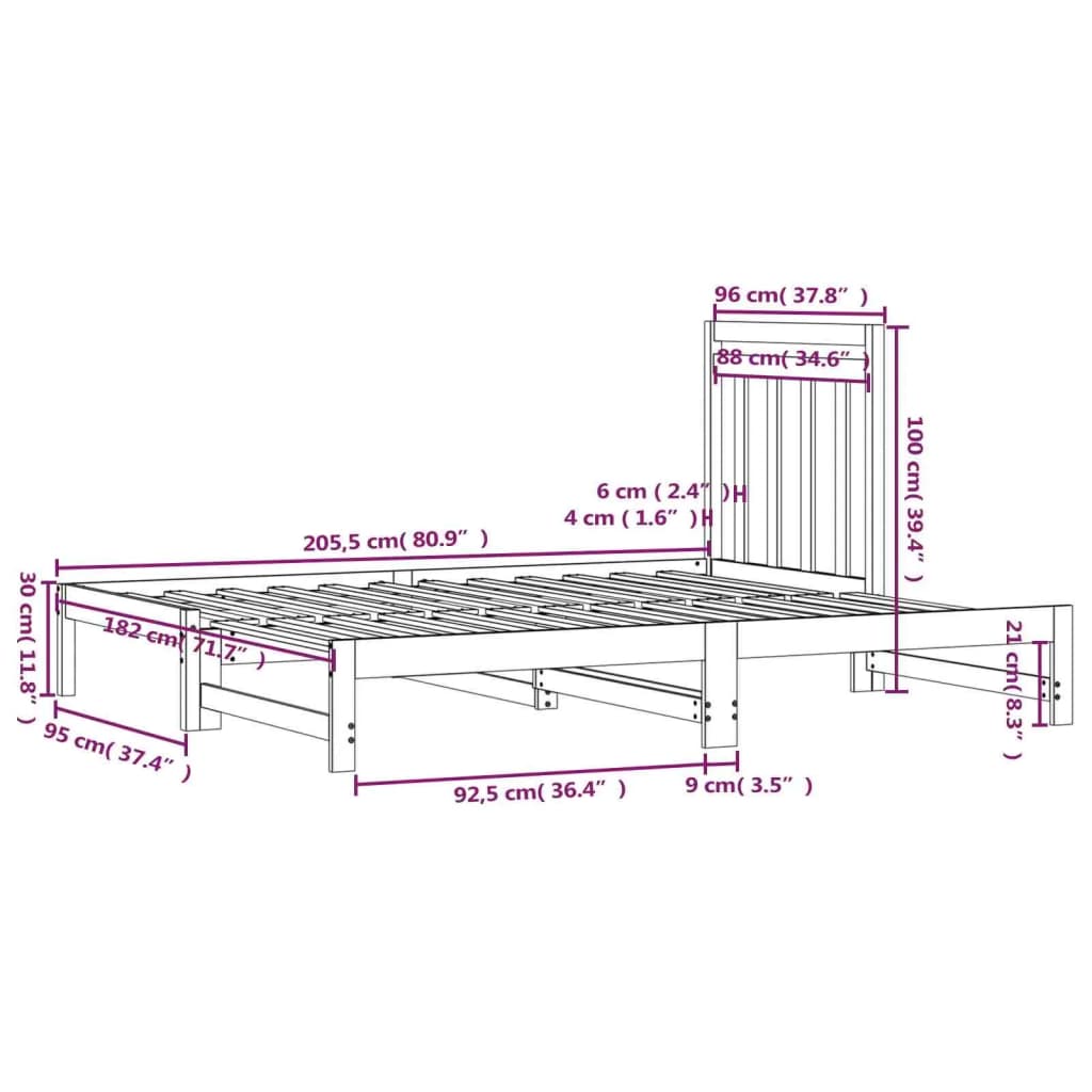 Lit coulissant Gris 2x(90x200) cm Bois de pin massif Lits & cadres de lit vidaXL   