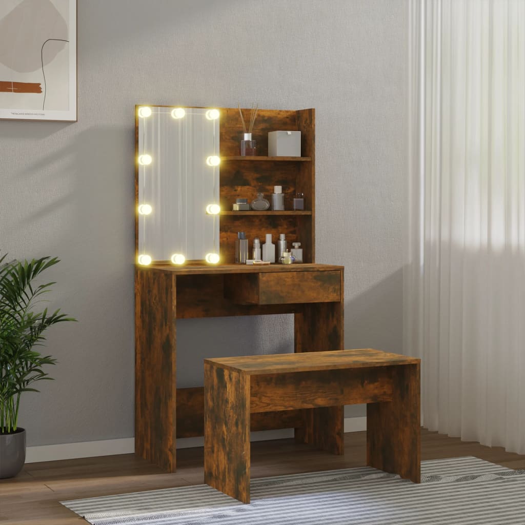 Ensemble de coiffeuse avec LED Chêne fumé Bois d'ingénierie Coiffeuses vidaXL   