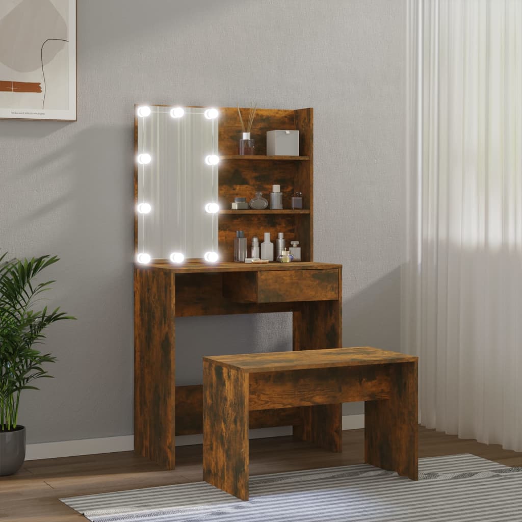 Ensemble de coiffeuse avec LED Chêne fumé Bois d'ingénierie Coiffeuses vidaXL   