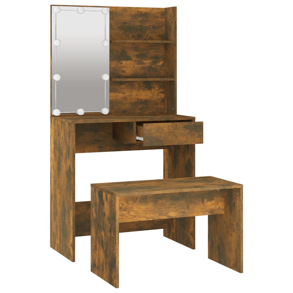 Ensemble de coiffeuse avec LED Chêne fumé Bois d'ingénierie Coiffeuses vidaXL   