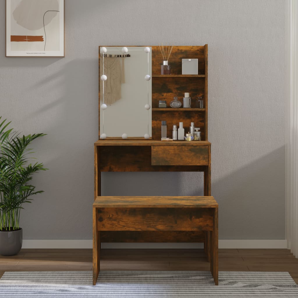 Ensemble de coiffeuse avec LED Chêne fumé Bois d'ingénierie Coiffeuses vidaXL   
