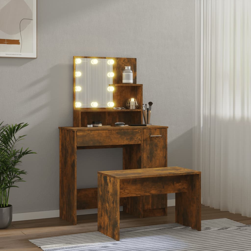 Ensemble de coiffeuse avec LED Chêne fumé Bois d'ingénierie Coiffeuses vidaXL   