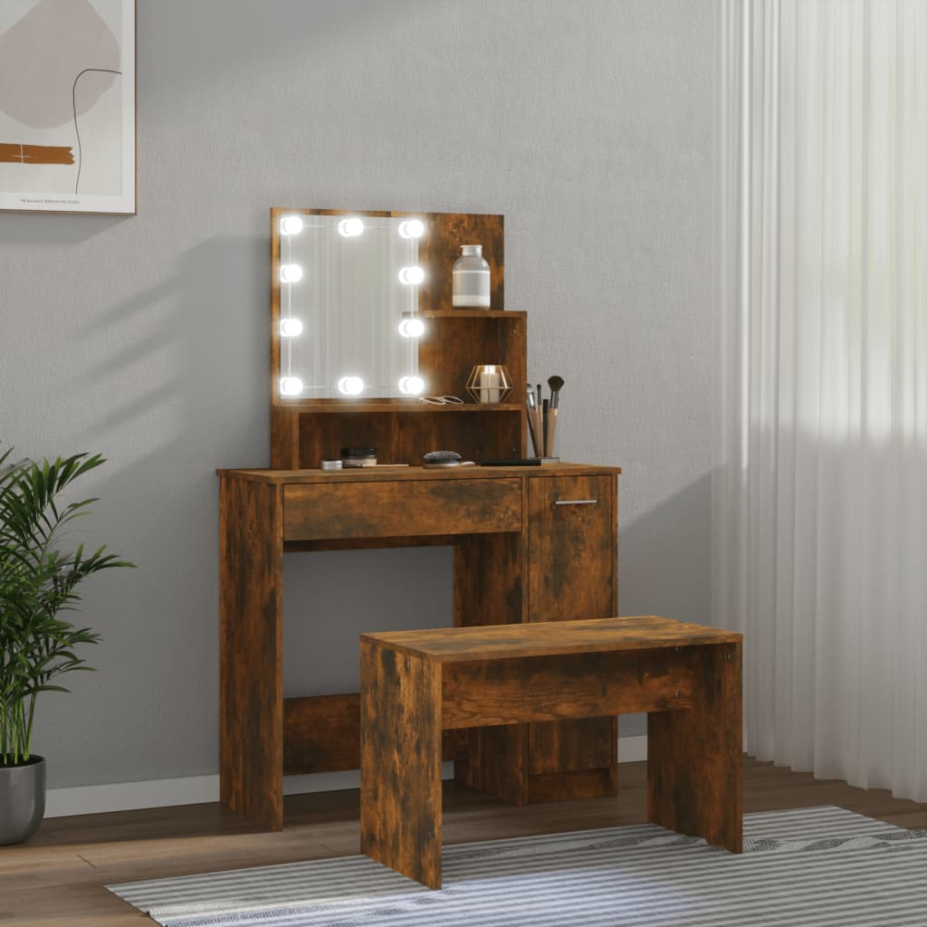 Ensemble de coiffeuse avec LED Chêne fumé Bois d'ingénierie Coiffeuses vidaXL   