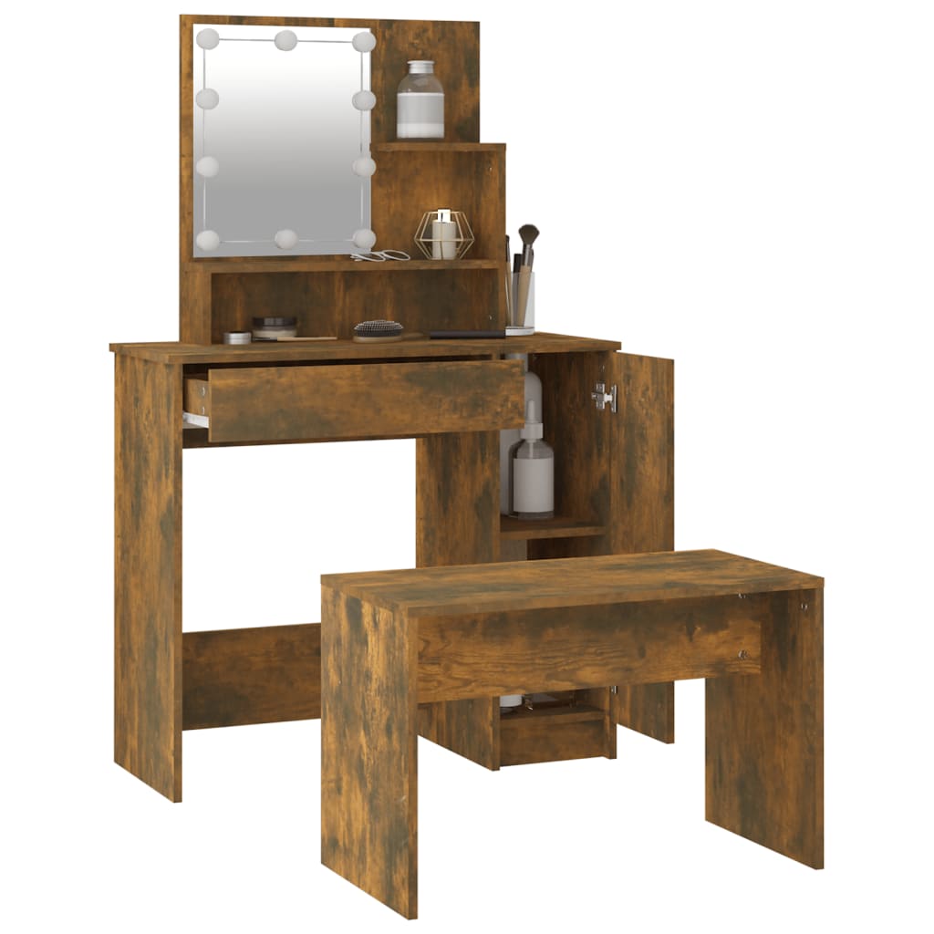 Ensemble de coiffeuse avec LED Chêne fumé Bois d'ingénierie Coiffeuses vidaXL   