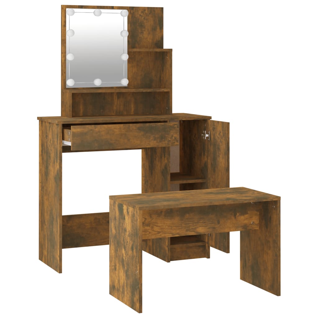Ensemble de coiffeuse avec LED Chêne fumé Bois d'ingénierie Coiffeuses vidaXL   