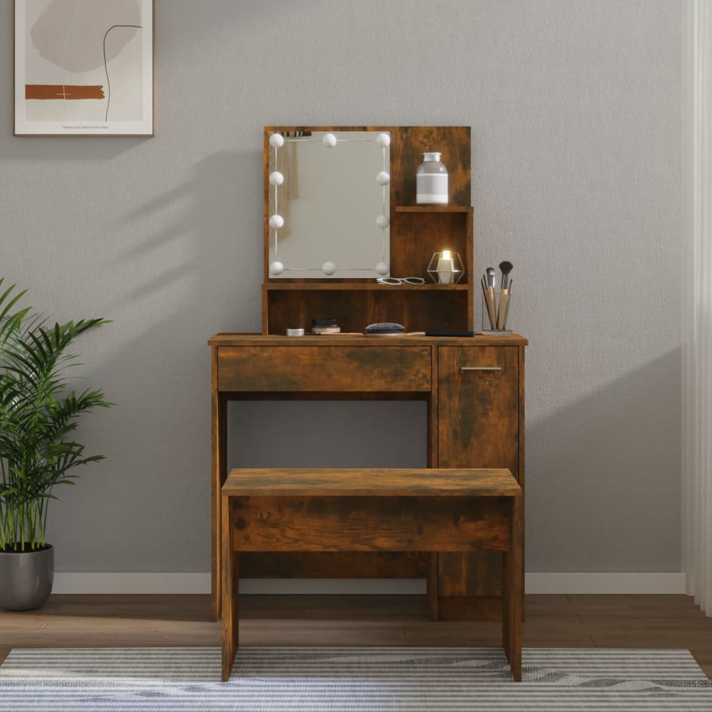 Ensemble de coiffeuse avec LED Chêne fumé Bois d'ingénierie Coiffeuses vidaXL   