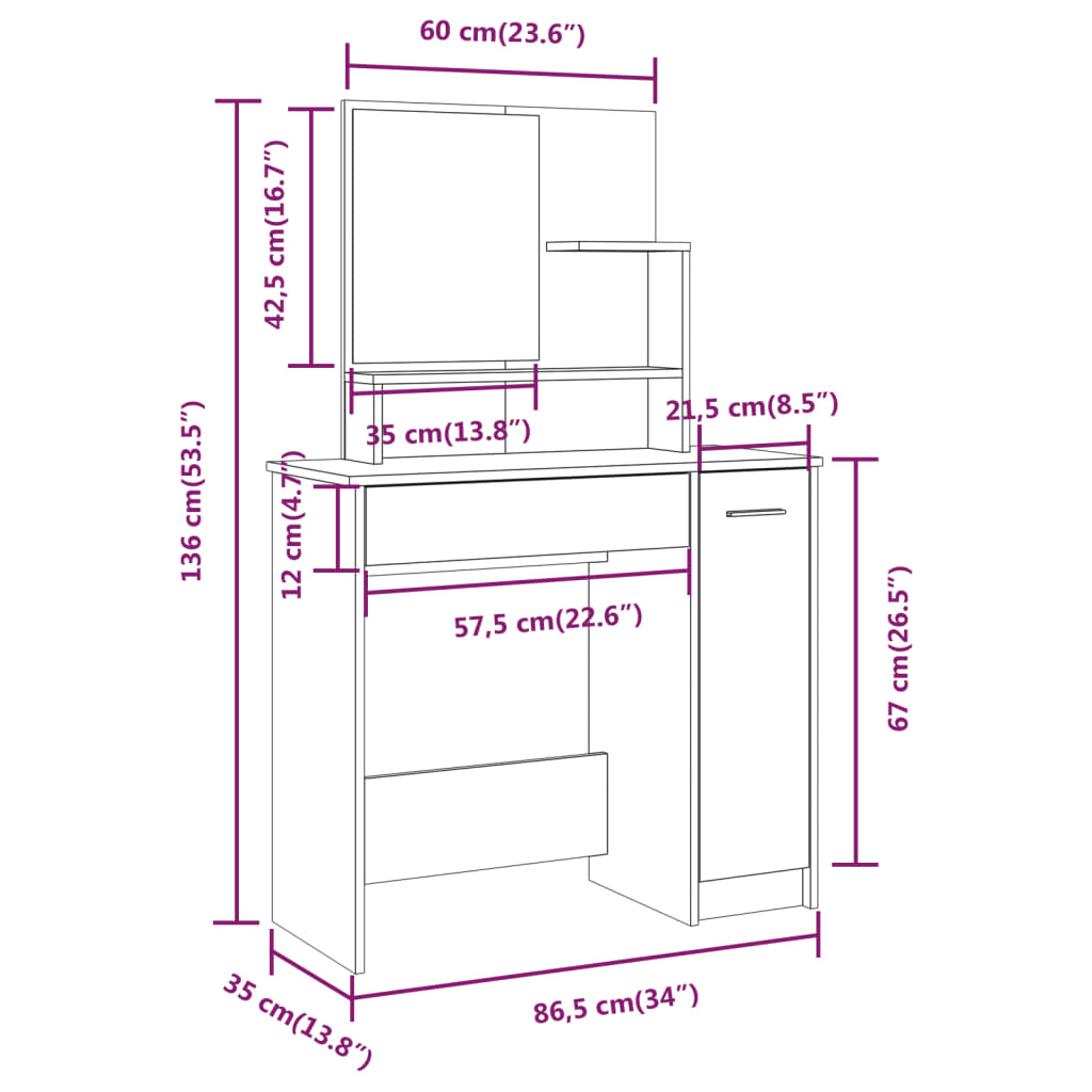 Ensemble de coiffeuse Chêne fumé 86,5x35x136 cm Coiffeuses vidaXL   