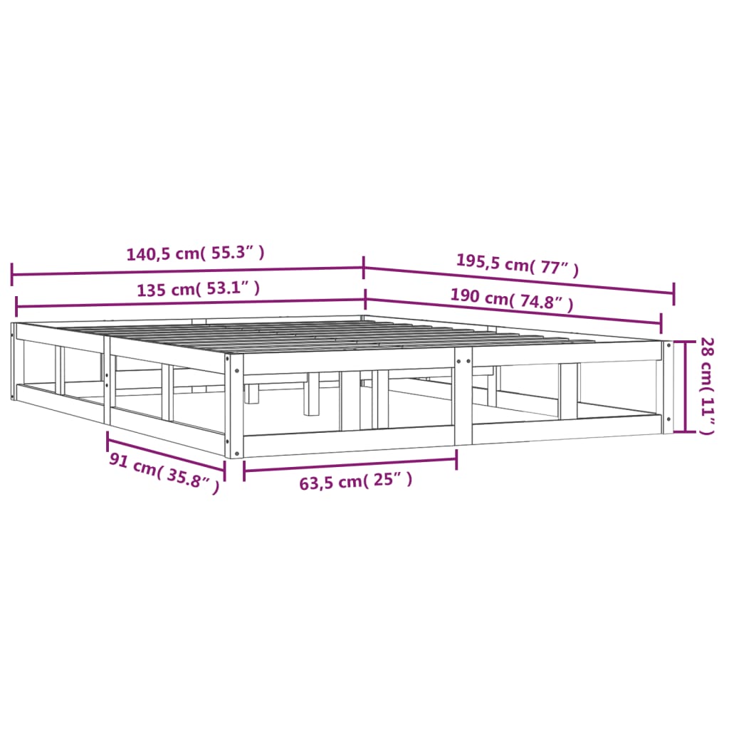 Cadre de lit Gris 135x190 cm Double Bois massif Lits & cadres de lit vidaXL   