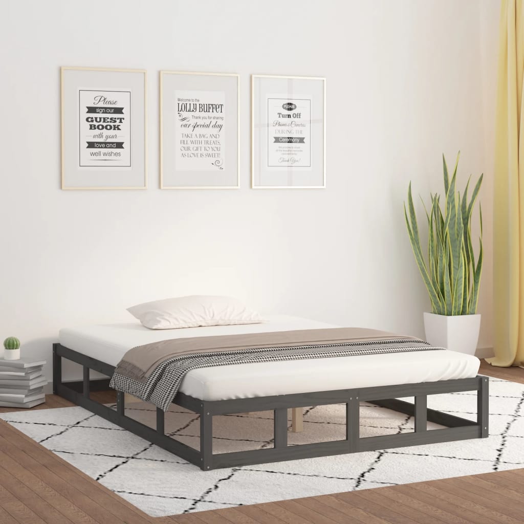 Cadre de lit Gris 135x190 cm Double Bois massif Lits & cadres de lit vidaXL   