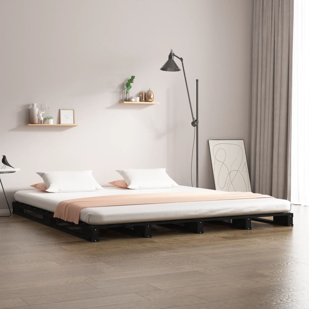 Lit de palette noir 135x190 cm Bois de pin massif Double Lits & cadres de lit vidaXL   