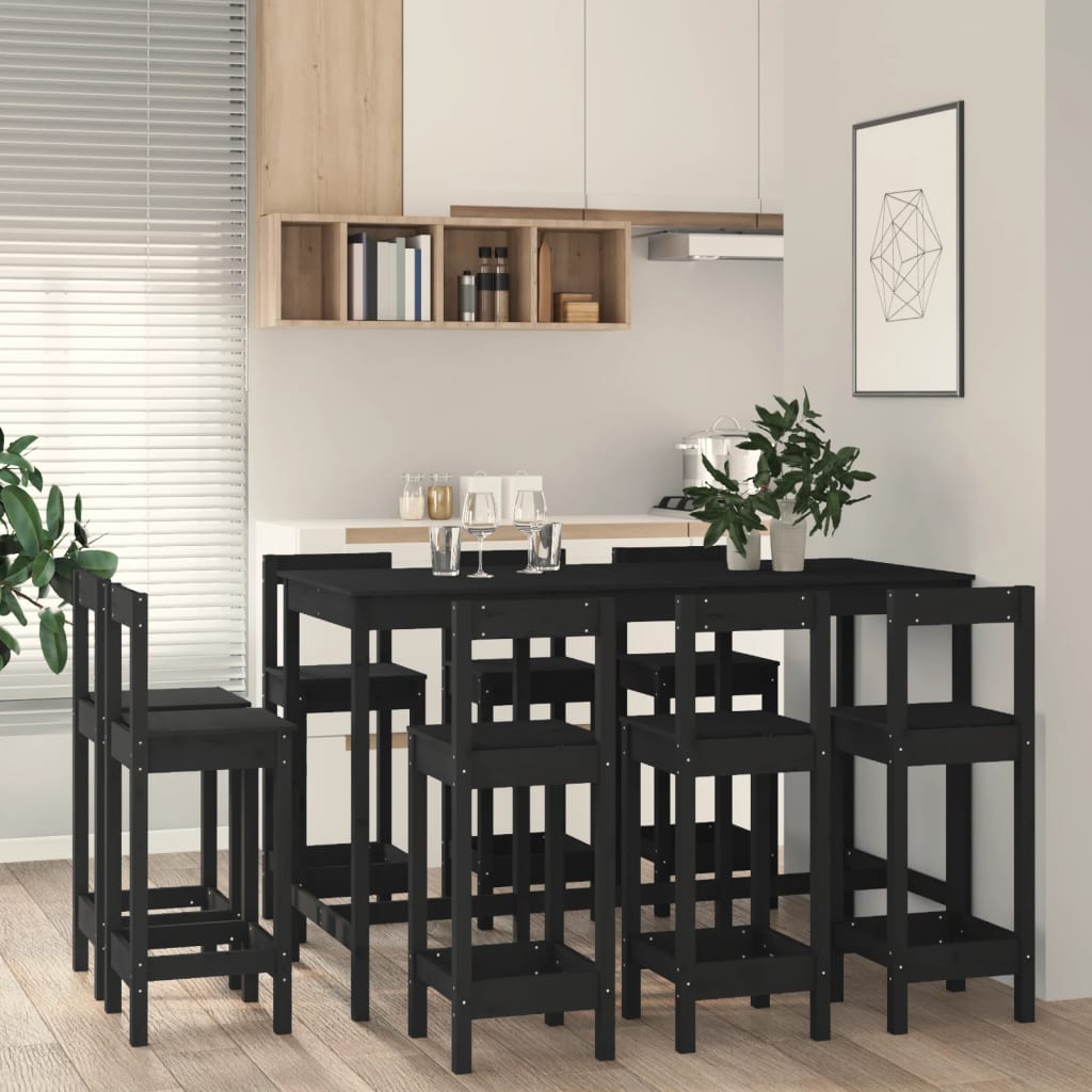 Ensemble de bar 9 pcs Noir Bois de pin massif Meubles de salle à manger vidaXL   