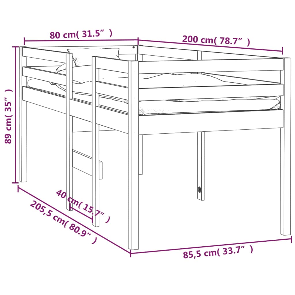 Lit haut Blanc 80x200 cm Bois de pin massif Lits & cadres de lit vidaXL   