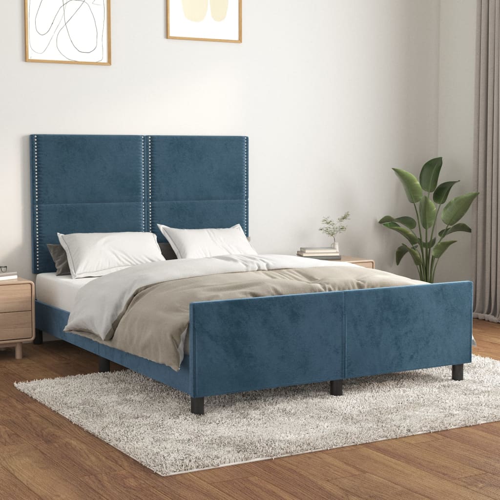Cadre de lit avec tête de lit Bleu foncé 140x190 cm Velours Lits & cadres de lit vidaXL   
