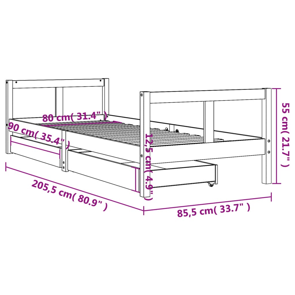 Cadre de lit pour enfants gris 80x200 cm bois de pin massif Lits bébés et enfants vidaXL   