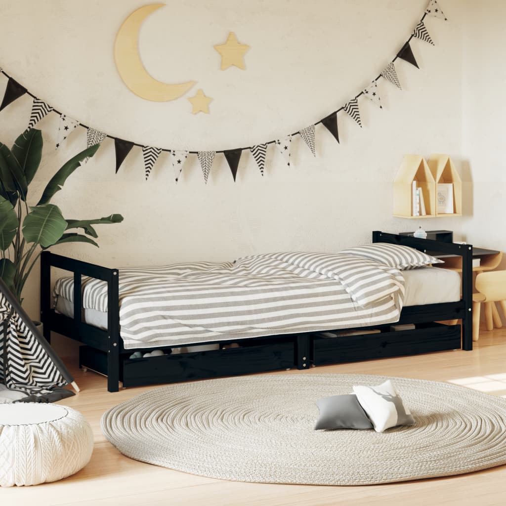 Cadre de lit enfant tiroirs noir 80x200 cm bois de pin massif Lits bébés et enfants vidaXL   
