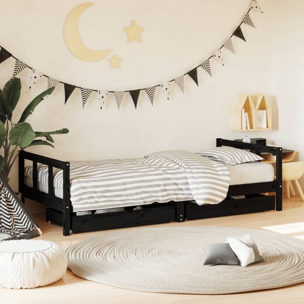 Cadre de lit enfant avec tiroirs noir 90x200 cm bois pin massif Lits bébés et enfants vidaXL   