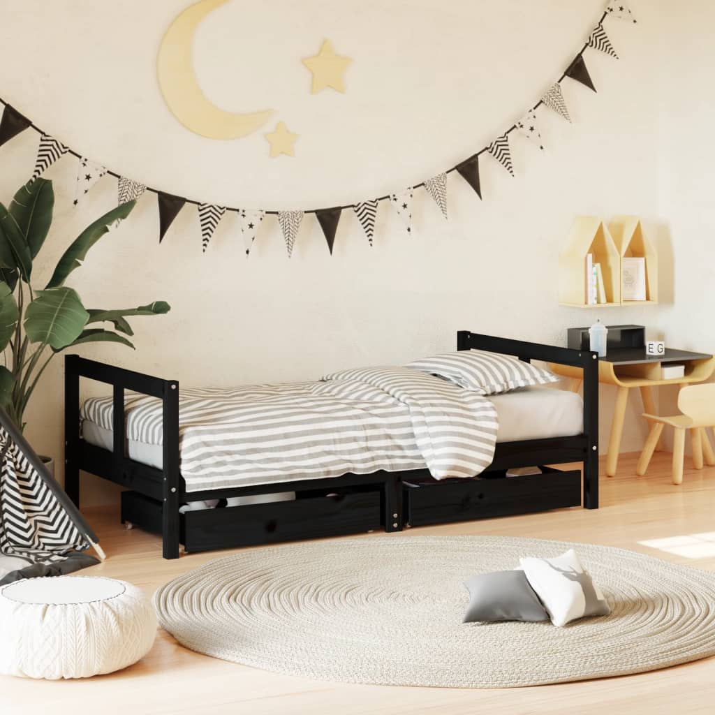 Cadre de lit pour enfant tiroirs noir 80x160 cm bois pin massif Lits bébés et enfants vidaXL   