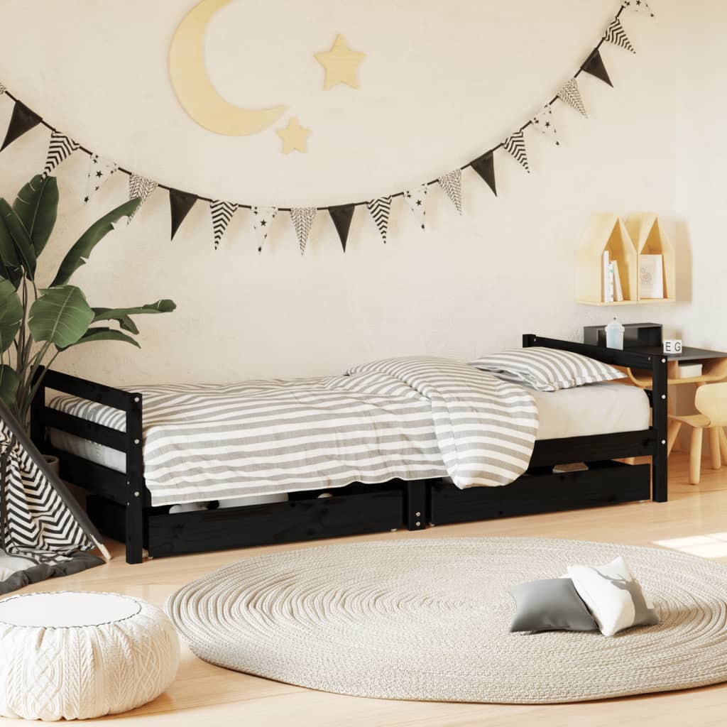 Cadre de lit enfant tiroirs noir 80x200 cm bois de pin massif Lits bébés et enfants vidaXL   