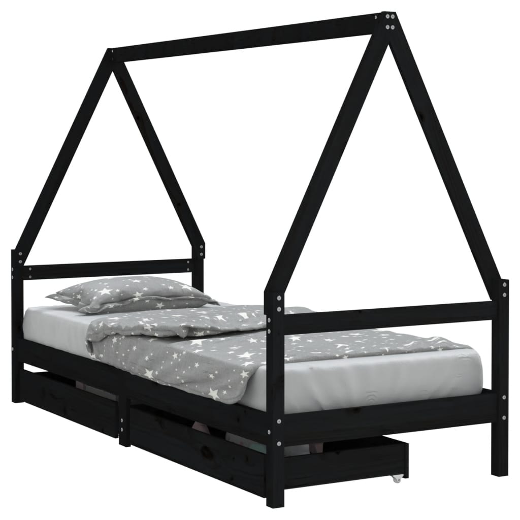 Cadre de lit enfant avec tiroirs noir 90x200 cm bois pin massif Lits bébés et enfants vidaXL   
