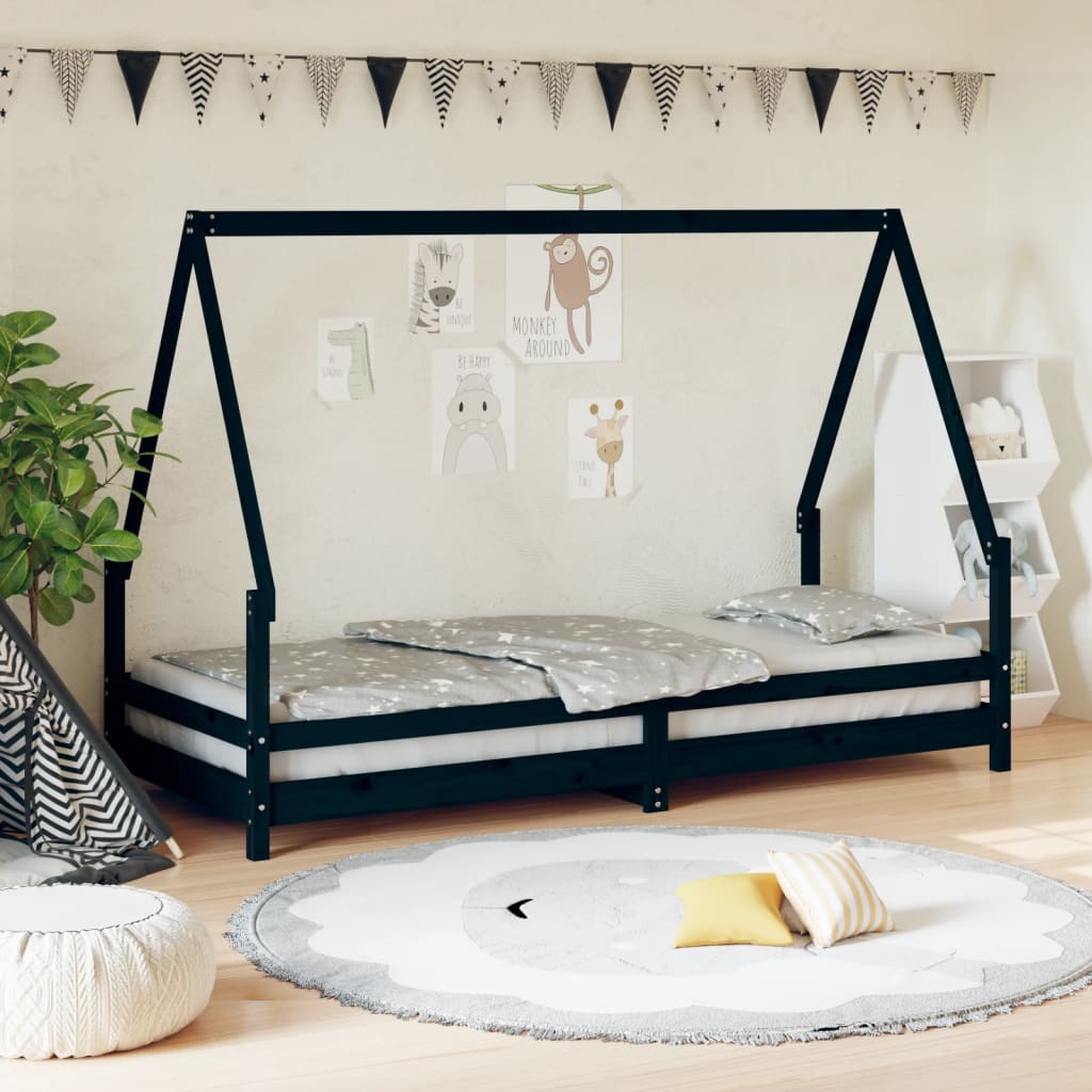 Cadre de lit pour enfants noir 80x200 cm bois de pin massif Lits bébés et enfants vidaXL   