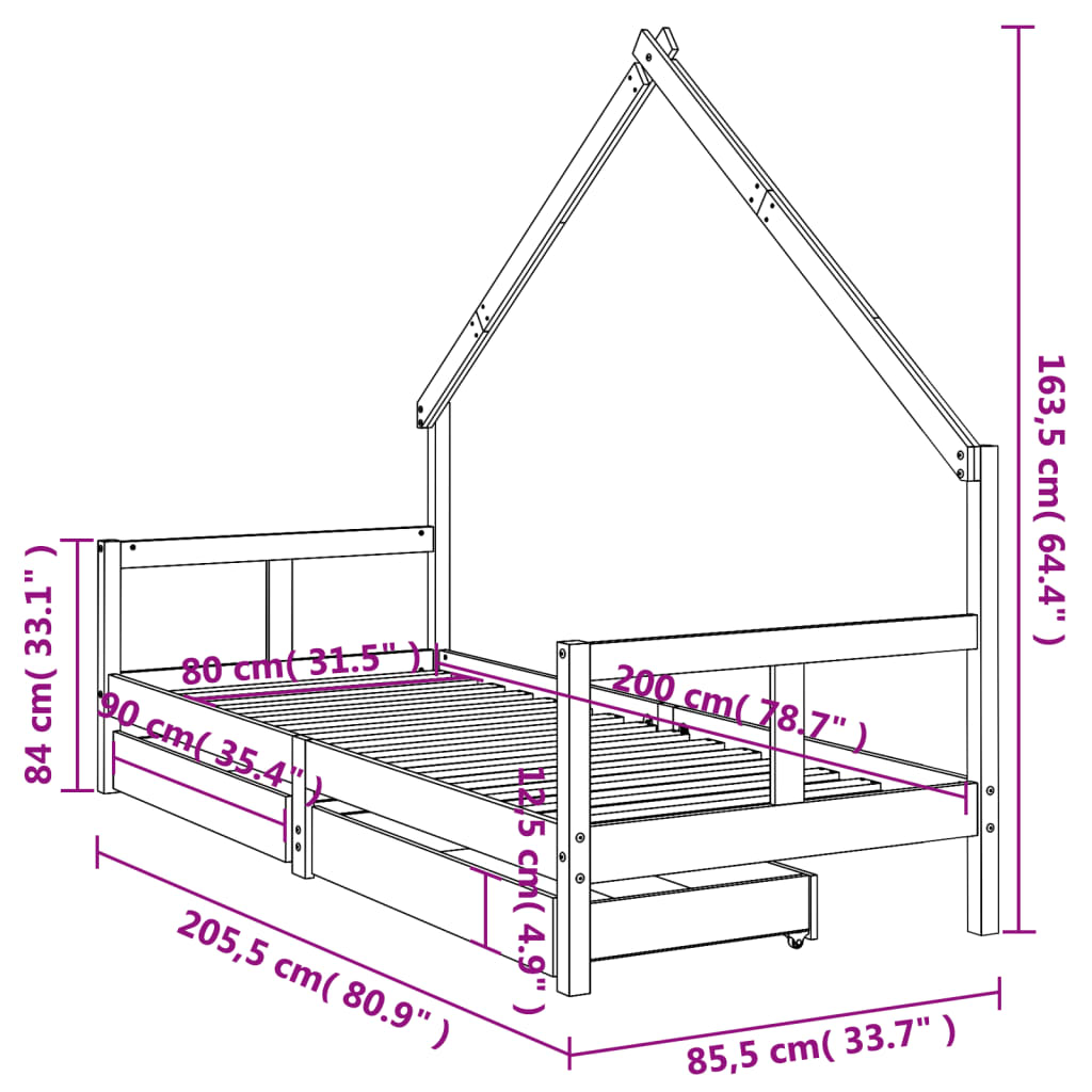 Cadre de lit pour enfants gris 80x200 cm bois de pin massif Lits bébés et enfants vidaXL   