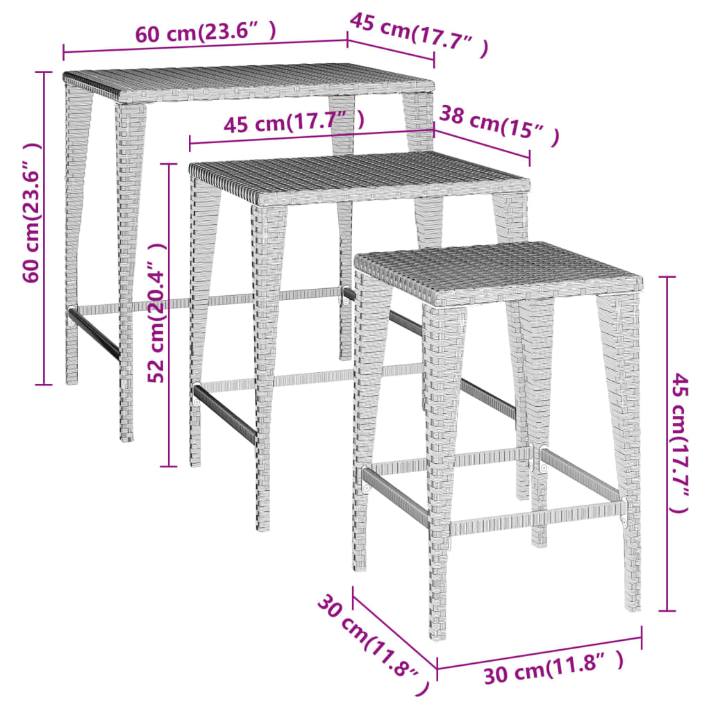 Tables gigognes 3 pcs noir résine tressée Tables d'appoint vidaXL   
