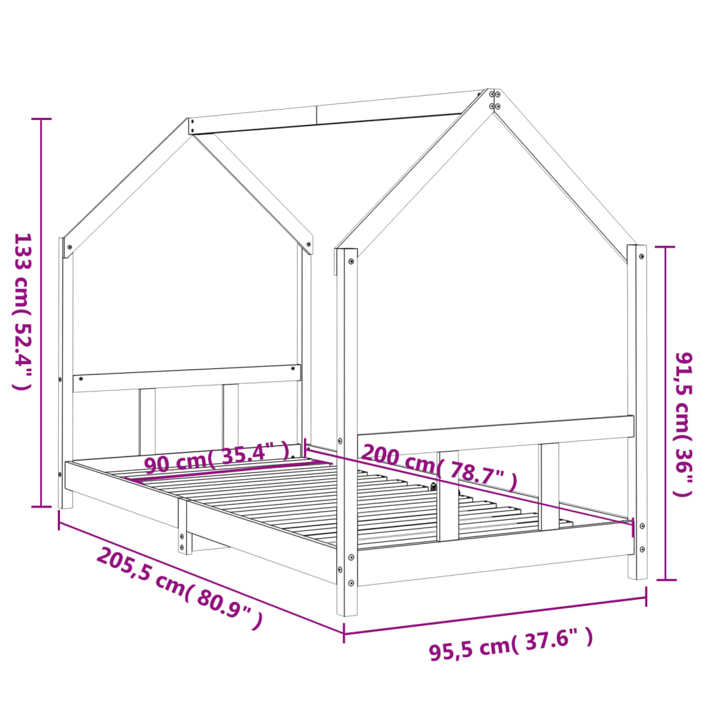 Cadre de lit pour enfants noir 90x200 cm bois de pin massif Lits bébés et enfants vidaXL   
